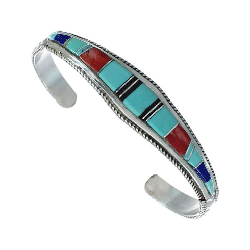 Multicolor Inlay Genuine Sterling Silver Navajo Cuff Bracelet NN20154